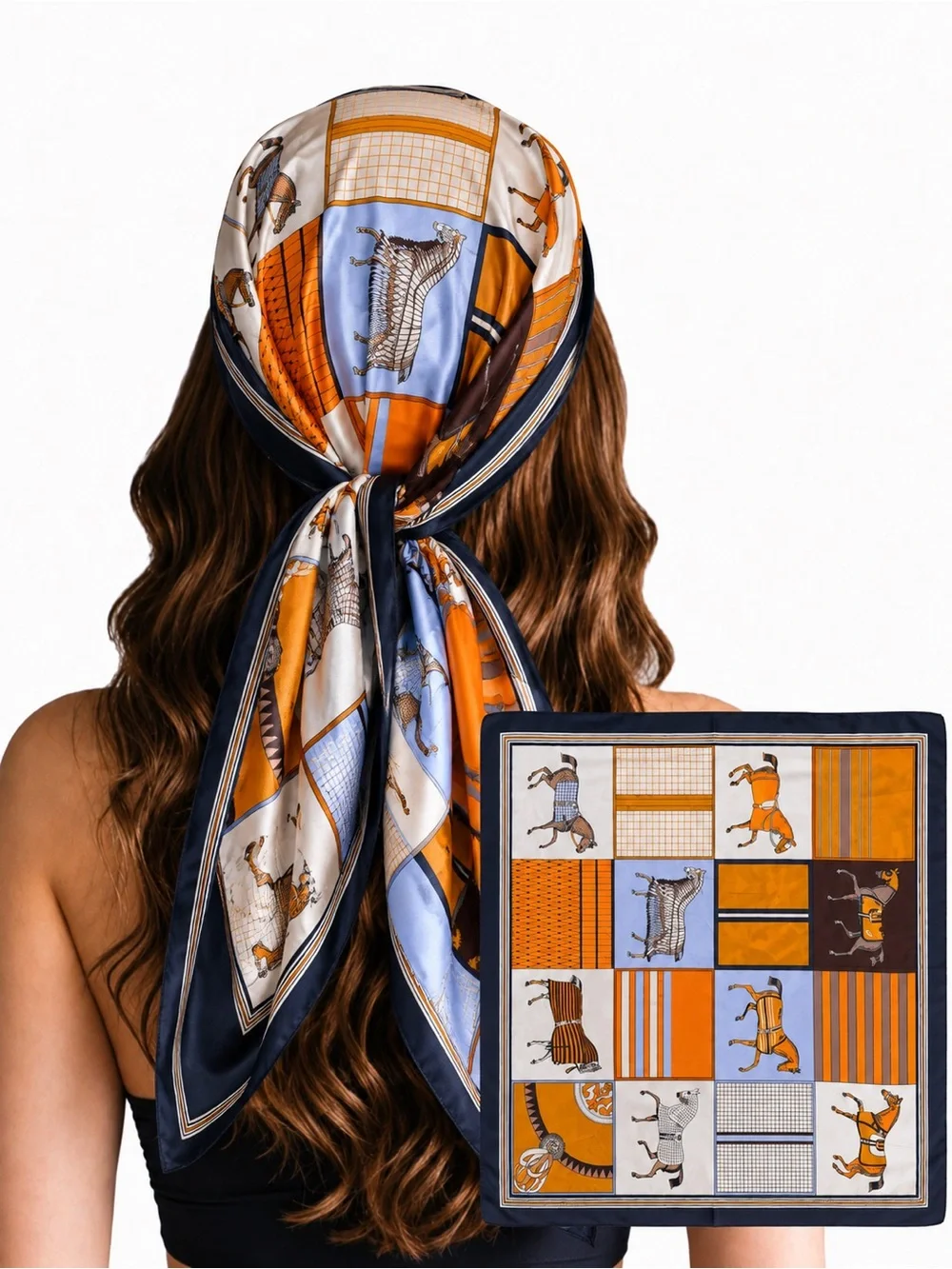 Silk-Feel Horse Print Scarf in Orange & Blue